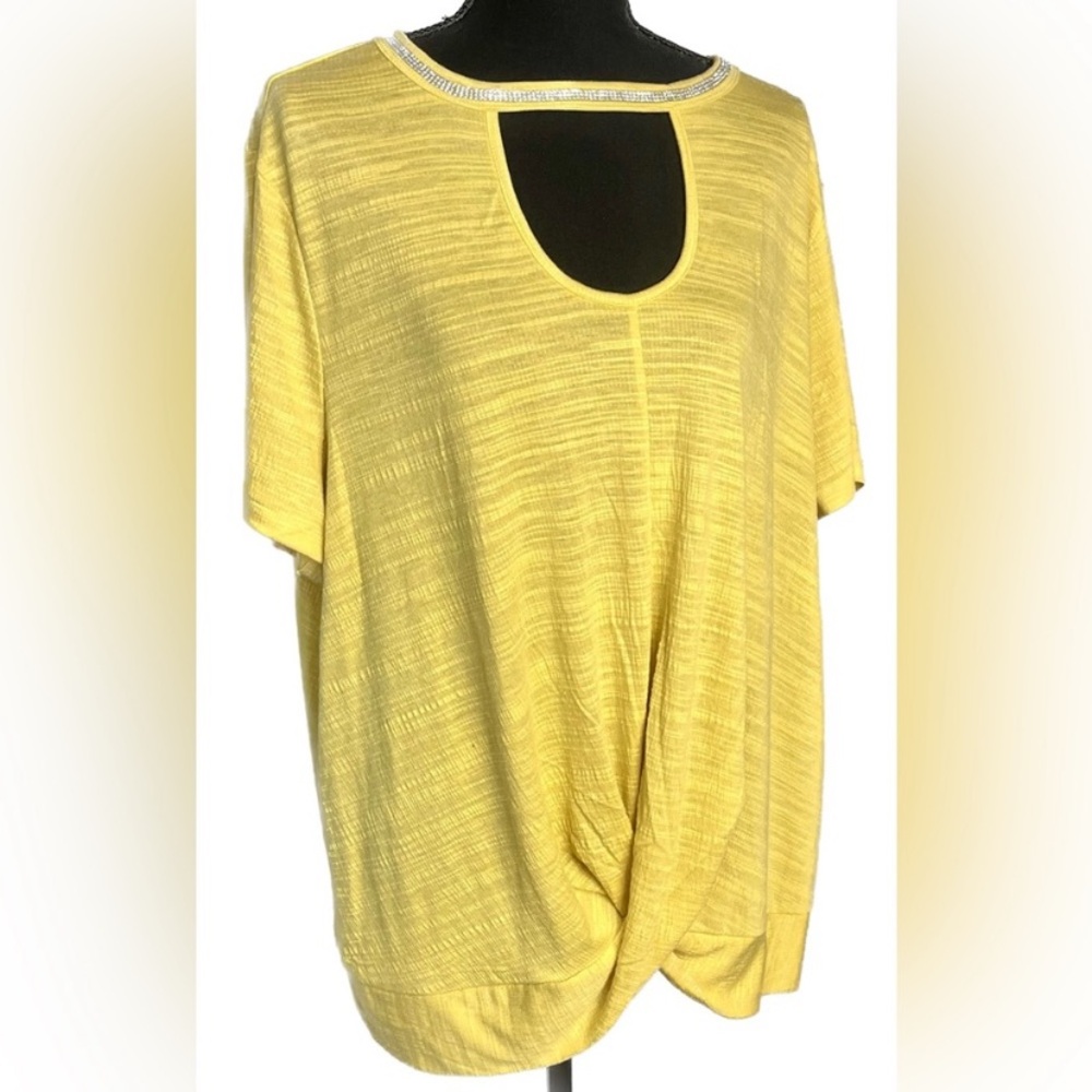 Retrology Yellow Faux Wrap Tunic with Rhinestone Keyhole Neckline